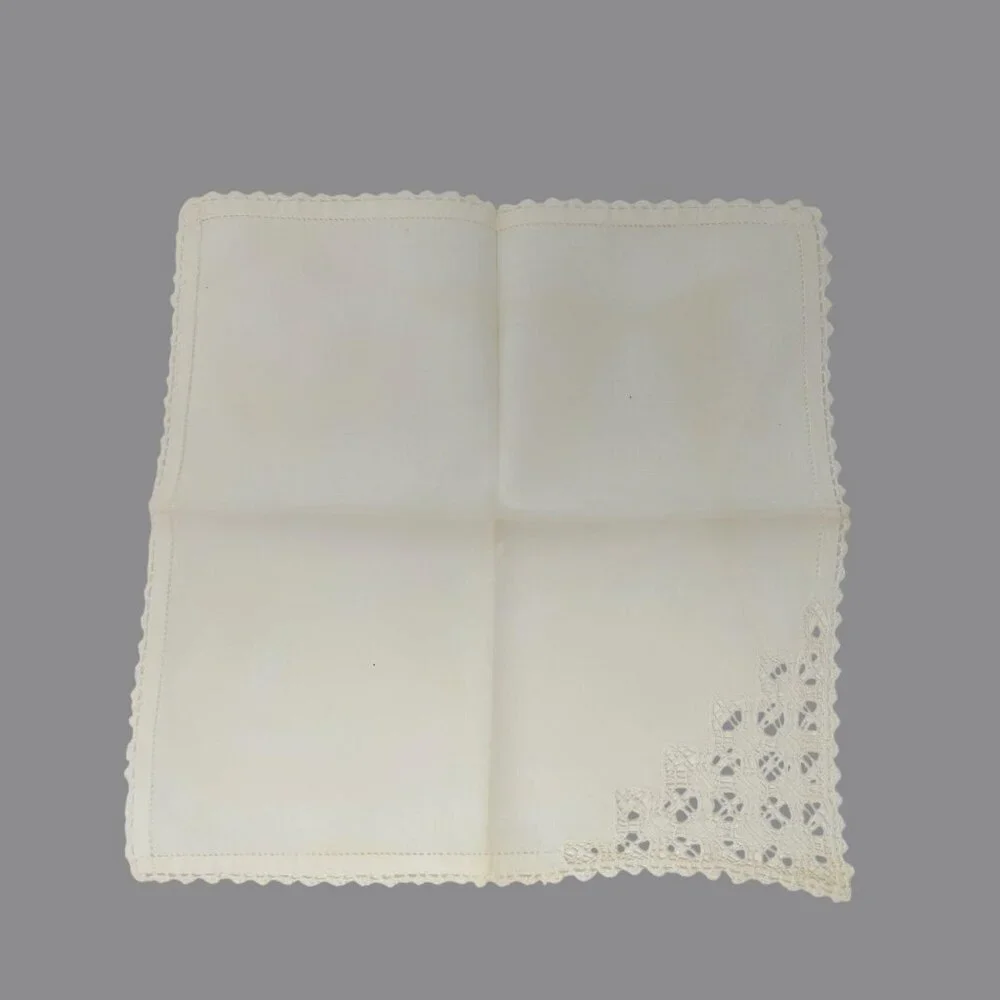 Vintage Napkins Linen Embroidered Crochet Cream 2 Sets